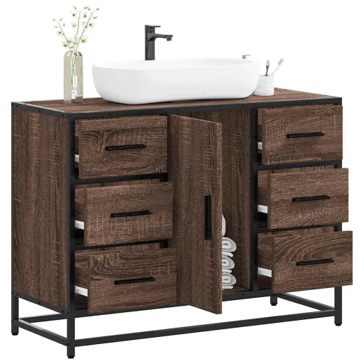Armario Lavabo Baño Madera Ingeniería Roble Marrón 80x33x60 cm