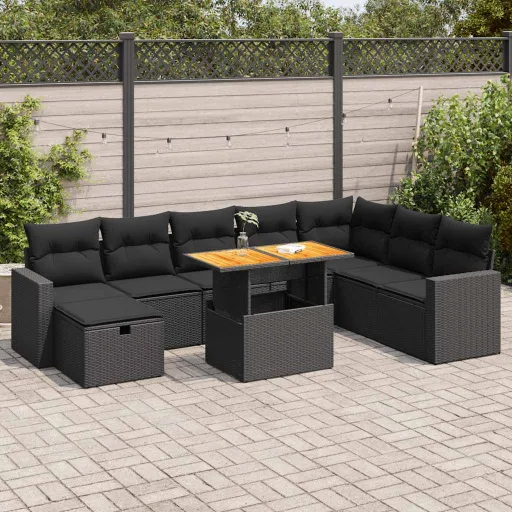 Set Sofás Jardín y Cojines 9 Pzas Ratán Sintético Acacia Negro