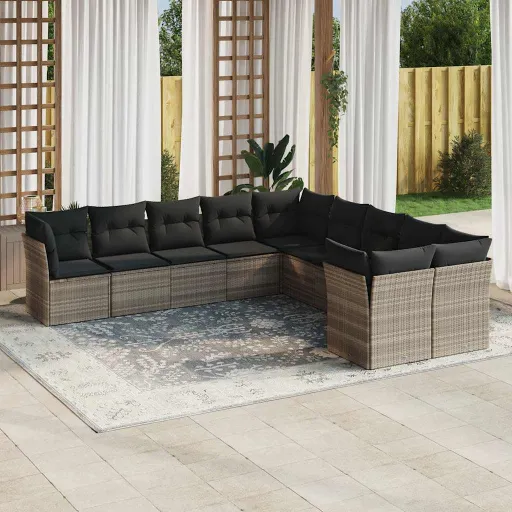 Set Sofás Jardín 10 Pzas Con Cojines Ratán Sintético Gris Claro
