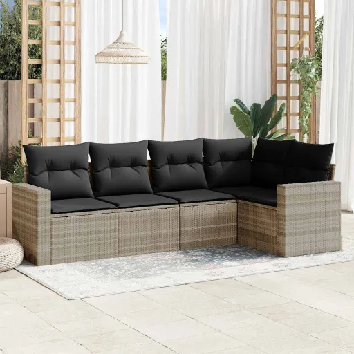 Set de Sofás Jardín y Cojines 5 Pzas Ratán Sintético Gris Claro