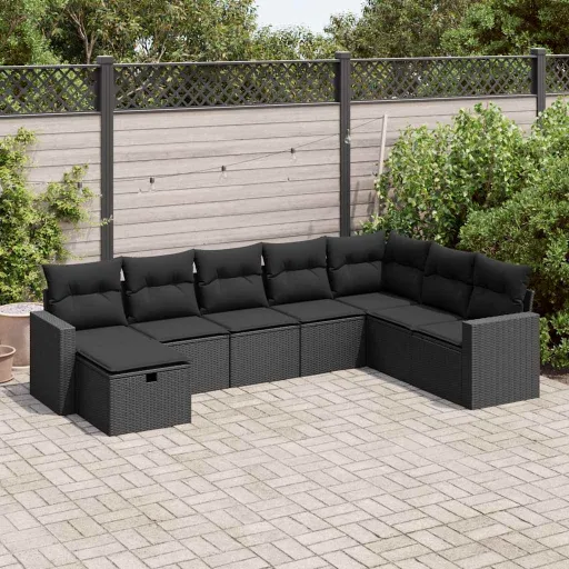 Set de Sofás de Jardín y Cojines 8 Piezas Ratán Sintético Negro