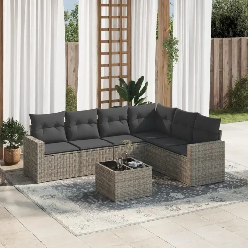 Set de Sofás de Jardín 7 Piezas Con Cojines Ratán PE Gris