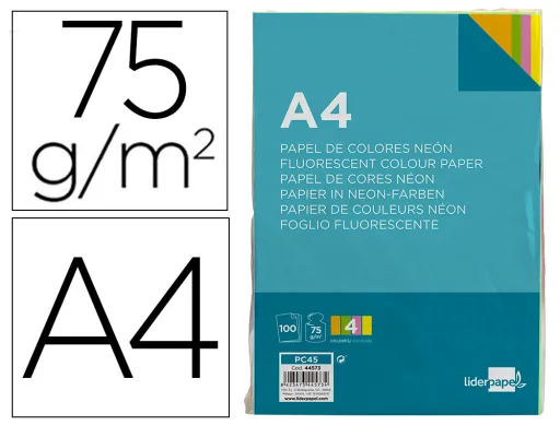Papel Color Liderpapel a4 75gr Neon 4 Colores Surtidos Paquete de 100 Hojas