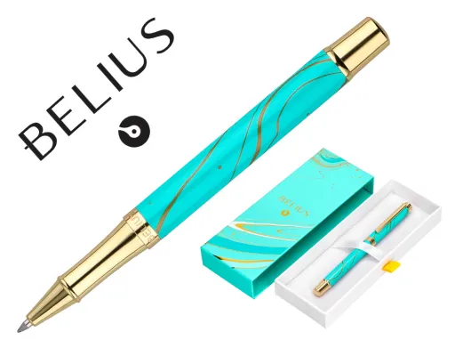 Roller Belius Aqua Aluminio Color Turquesa y Dorado Tinta Negra Caja de Diseño