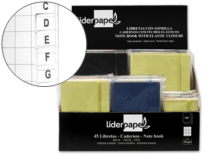 Libreta Liderpapel Simil Piel 120 Hojas 70gr Cuadro 4mm + Indice Expositor de 45 Unidades Colores Surtidos