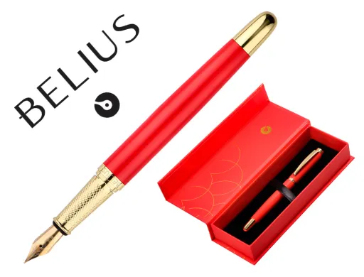 Pluma Belius Passion Dor Aluminio Textura Cepillada Color Rojo y Dorado Tinta Azul Caja de Diseño