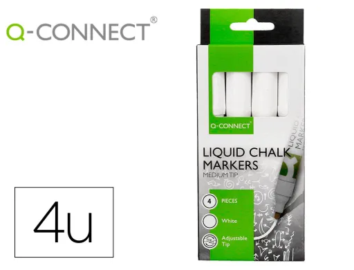 Rotulador q-Connect Tiza Liquida Punta Redonda Trazo 3 mm Caja de 4 Unidades Color Blanco