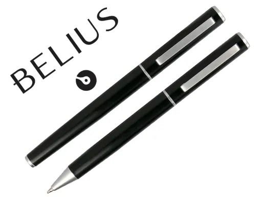 Juego Boligrafo y Roller Belius Norwich Cuerpo Negro Mate y Detalles Cromados Satinados en Caja Regalo