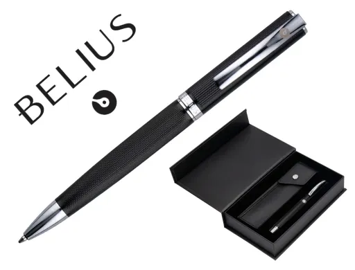 Boligrafo y Estuche Belius Turbo Aluminio Textura Punteada Negro y Plateado Tinta Azul Caja de Diseño