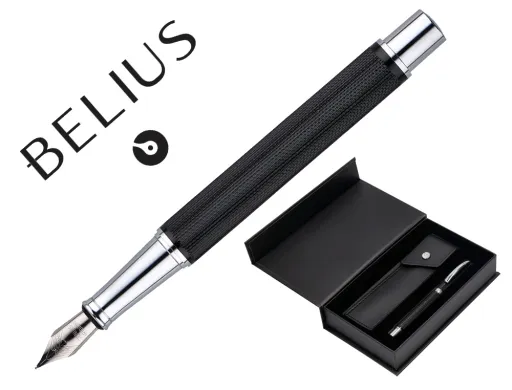 Pluma y Estuche Belius Turbo Aluminio Textura Punteada Color Negro y Plateado Tinta Azul Caja de Diseño
