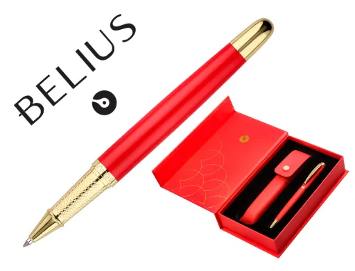 Boligrafo y Estuche Belius Passion Dor Aluminio Textura Cepillada Color Rojo y Dorado Tinta Azul Caja de Diseño