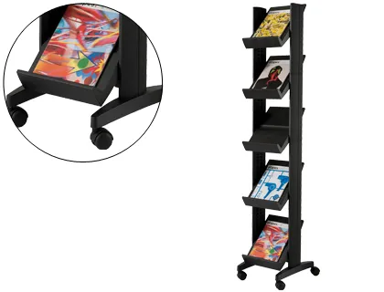 Expositor Paperflow de Suelo Movil 5 Estantes de 275x327mm Color Negro Tamaño Del Expositor 350x1675x385 mm