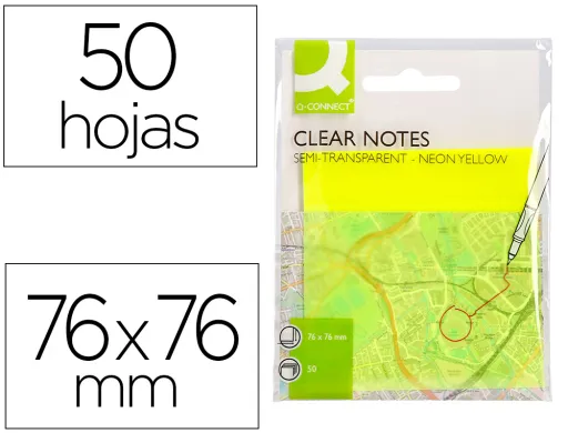 Bloc de Notas Adhesivas Quita y Pon q-Connect 76x76 mm Removible Plastico Translucido Amarillo Neon Con 50 Hojas