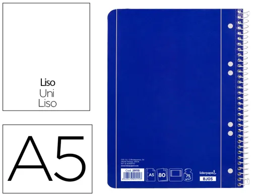 Cuaderno Espiral Liderpapel a5 Micro Serie Azul Tapa Blanda 80h 75 gr Liso 6taladros Azul