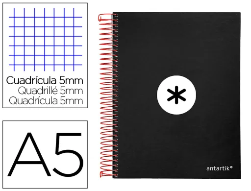 Cuaderno Espiral a5 Micro Antartik Tapa Forrada120h 90 gr Cuadro 5mm 5 Bandas6 Taladros Color Negro