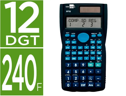 Calculadora Liderpapel Cientifica Xf32 12 Digitos 240 Funciones Con Tapa Solar y Pilas Color Azul 156x85x20