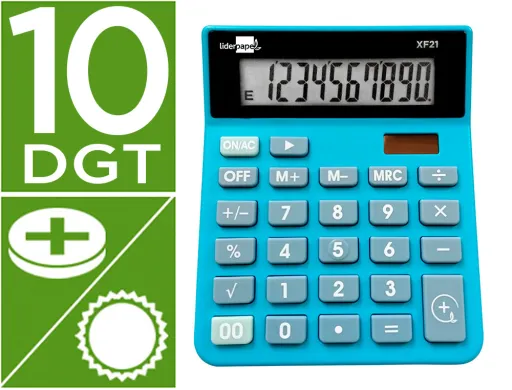 Calculadora Liderpapel Sobremesa Xf21 10 Digitos Solar y Pilas Color Azul 127x105x24 mm