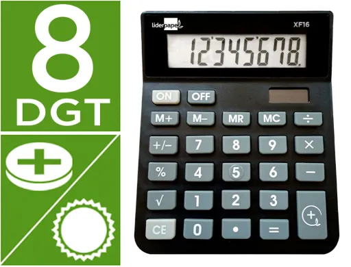 Calculadora Liderpapel Sobremesa Xf16 8 Digitos Solar y Pilas Color Negro 127x105x24 mm