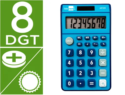 Calculadora Liderpapel Bolsillo Xf09 8 Digitos Solar y Pilas Color Azul 115x65x8 mm