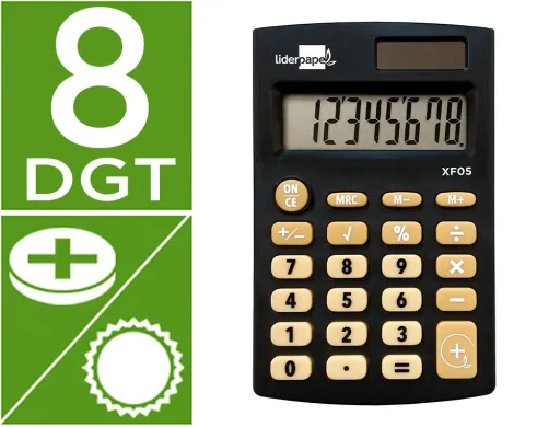 Calculadora Liderpapel Bolsillo Xf05 8 Digitos Solar y Pilas Color Negro 98x62x8 mm