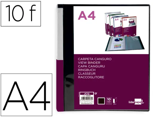 Carpeta Liderpapel 10 Fundas Canguro pp Din a4 Negro Opaco Portada y Lomo Personalizable