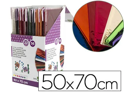 Papel Celofan Liderpapel 50x70 cm Expositor de 56 Bolsas de 5 Hojas 8 Colores Surtidos