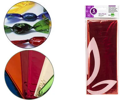 Papel Celofan Liderpapel 50x70 cm 22g/m2 Bolsa de 5 Hojas Naranja