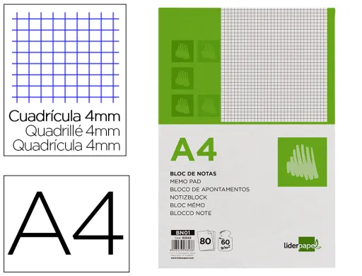 Bloc Notas Liderpapel Cuadro 4mm a4 80 Hojas 60g/m2