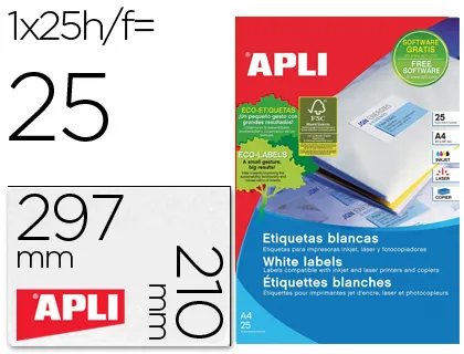 Etiqueta Adhesiva Apli 1215 210x297 mm Para Fotocopiadora Laser Ink-Jet Caja Con 25 Hojas