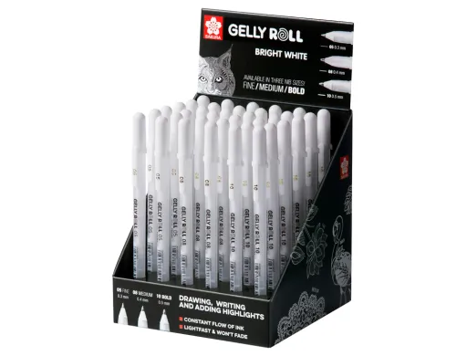 Rotulador Sakura Gel Gelly Roll Gel Color Blanco Expositor de 36 Unidades Surtidas 05 mm 08 mm y 10 mm