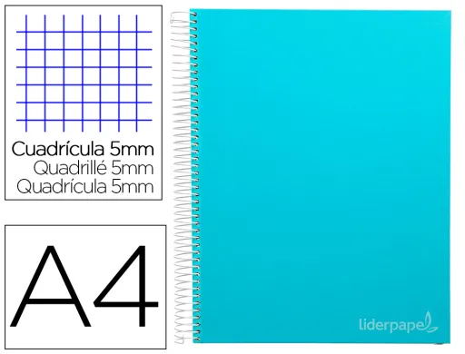 Cuaderno Espiral Liderpapel a4 Micro Jolly Tapa Forrada 140h 75 gr Cuadro 5mm 5 Bandas4 Taladros Color Celeste