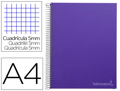 Cuaderno Espiral Liderpapel a4 Micro Jolly Tapa Forrada 140h 75 gr Cuadro 5mm 5 Bandas 4 Taladros Color Lila