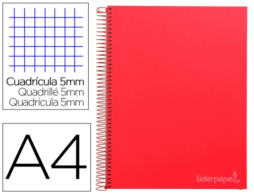 Cuaderno Espiral Liderpapel a4 Micro Jolly Tapa Forrada 140h 75 gr Cuadro 5mm 5 Bandas 4 Taladros Color Rojo