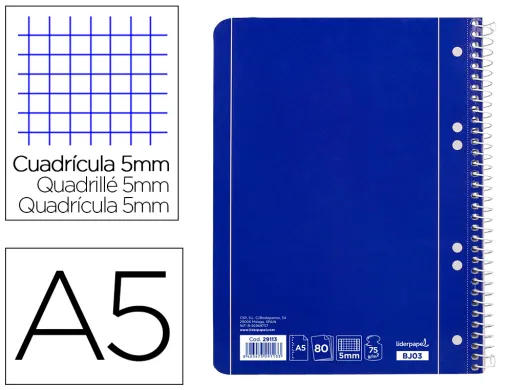 Cuaderno Espiral Liderpapel a5 Micro Serie Azul Tapa Blanda 80h 75 gr Cuadro5mm 6 Taladros Azul