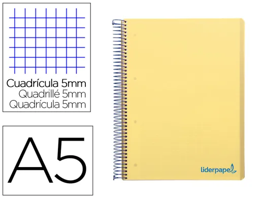 Cuaderno Espiral Liderpapel a5 Micro Wonder Tapa Plastico 120h 90g Cuadro 5mm 5 Bandas 6 Taladros Color Amarillo