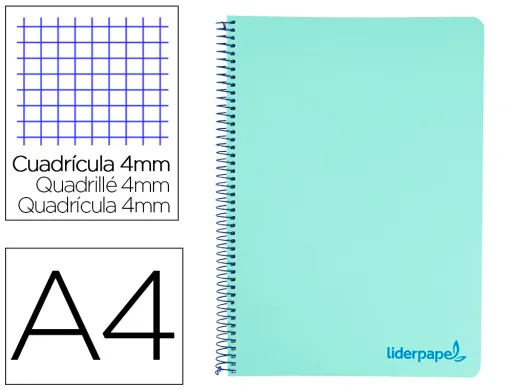 Cuaderno Espiral Liderpapel a4 Wonder Tapa Plastico 80h 90gr Cuadro 4mm Con Margen Color Verde Pastel