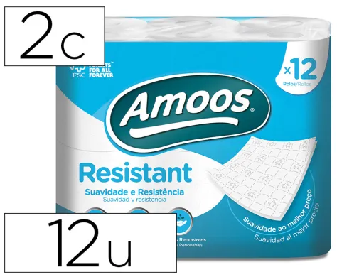 Papel Higienico Amoos 2 Capas 100 mm Diametro x 87 mm Alto Paquete de 12 Rollos