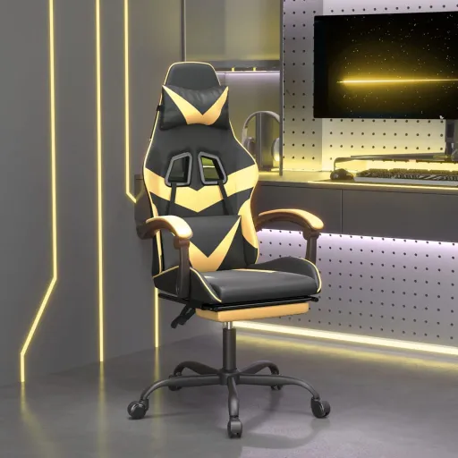 Silla Gaming Con Reposapiés Cuero Sintético Negro Dorado