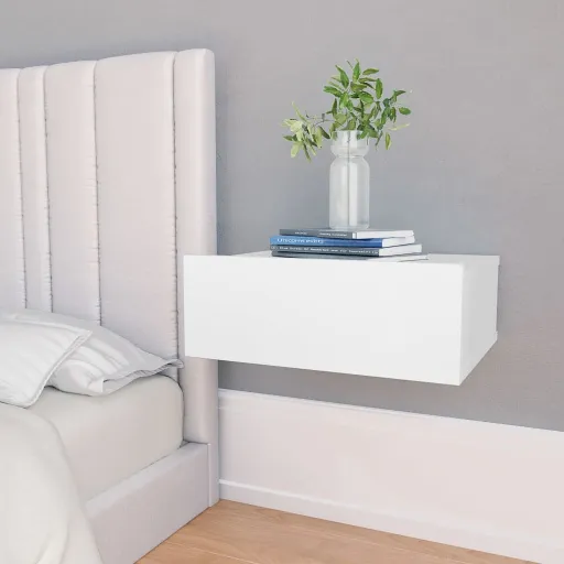 Mesita de Noche Flotante Madera Contrachapada Blanco 40x30x15cm