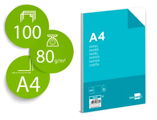 Papel Liderpapel a4 80g/m2 Liso Paquete de 100 Hojas