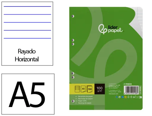 Recambio Liderpapel a5 100 h 100g/m2 Horizontal Doble Margen 6 Taladros