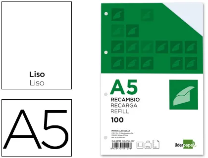 Recambio Liderpapel a5 100h 100g/m2 Liso Doble Margen 6 Taladros