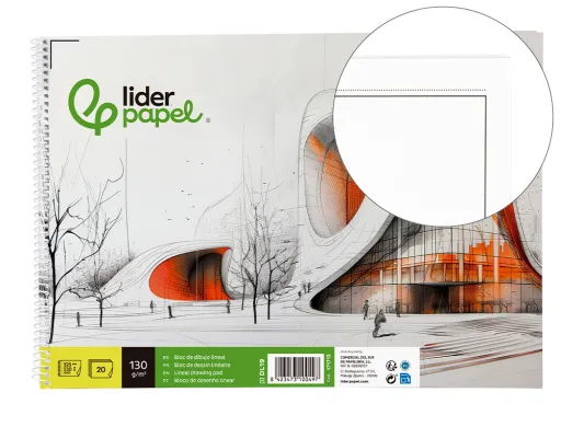 Bloc Dibujo Liderpapel Lineal Vanguardia Espiral 230x325mm 20 Hojas 130g/m2 Con Recuadro Perforado