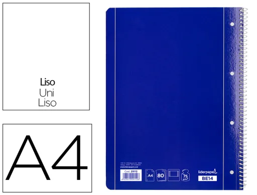 Cuaderno Espiral Liderpapel a4 Micro Serie Azul Tapa Blanda 80h 75 gr Liso Con Margen 4 Taladros Azul