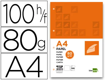 Papel Liderpapel a4 80g/m2 Liso 4 Taladros Paquete de 100 Hojas