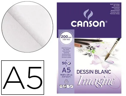 Bloc Dibujo Multitecnicas Canson Imagine Din a5 Encolado Liso 14,8x21 cm 50 Hojas 200 gr/m2