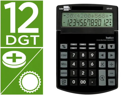 Calculadora Liderpapel Sobremesa Xf40 12 Digitos Dos Lineas Solar y Pilas Negro 175x120x30 mm 40% Reciclada