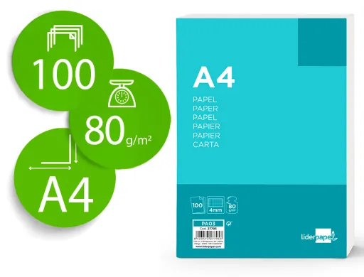 Papel Liderpapel a4 80g/m2 Sin Taladros Cuadro 4 mm Paquete de 100 Hojas