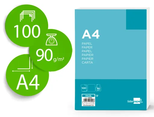 Papel Liderpapel a4 90g/m2 Liso Paquete de 100 Hojas
