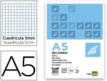 Recambio Liderpapel a5 120 Hojas 75g/m2 Cuadro 5mm Sin Margen 6 Taladros Bandas de 5 Colores